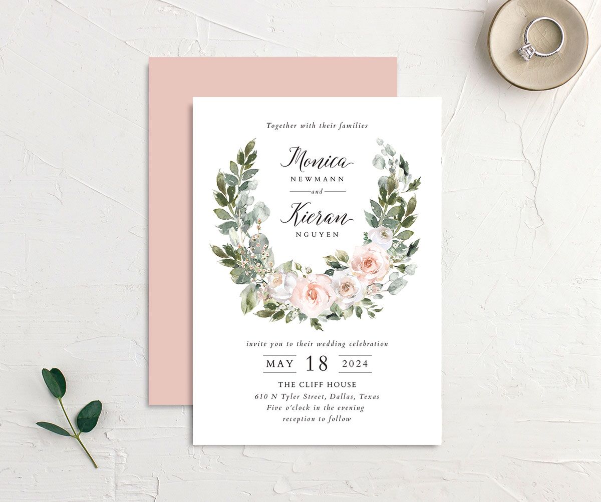 Blissful Garland Wedding Invitations front-and-back in Pink