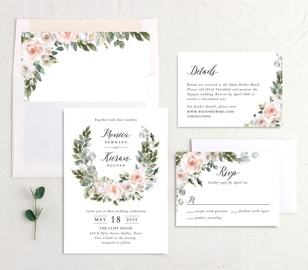 Blissful Garland Wedding Invitations suite in Rose Pink