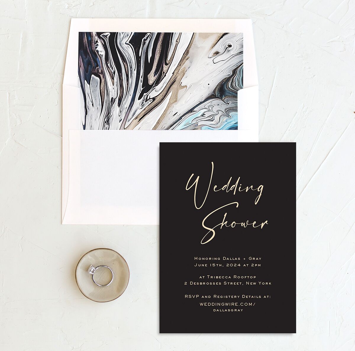 Delicate Flourish Bridal Shower Invitations envelope-and-liner in Midnight