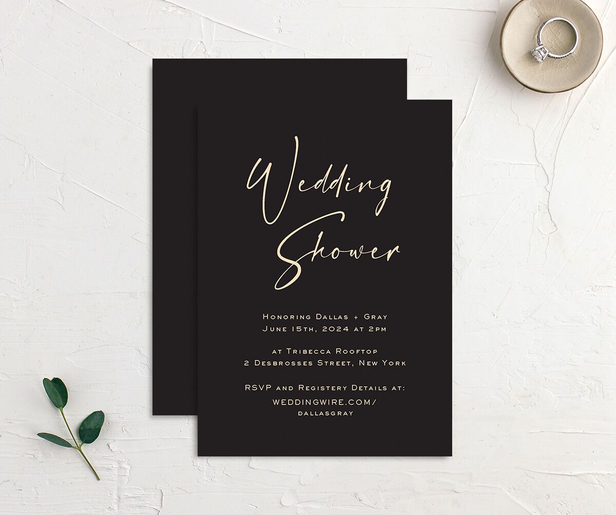 Delicate Flourish Bridal Shower Invitations front-and-back in Midnight
