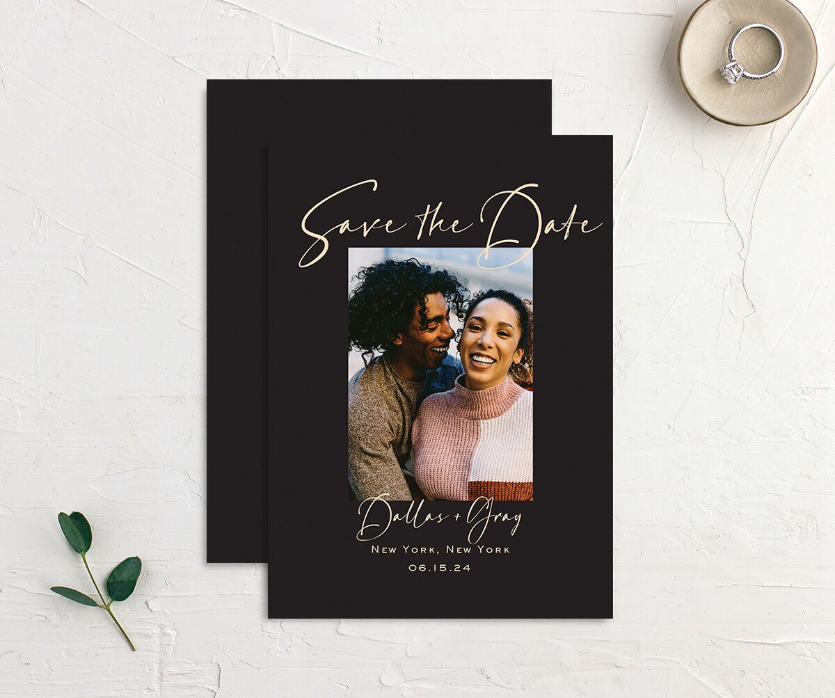 Delicate Flourish Save the Date Cards front-and-back in Black