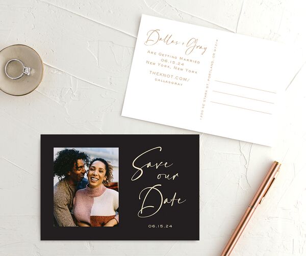 Delicate Flourish Save the Date Postcards front-and-back in Midnight