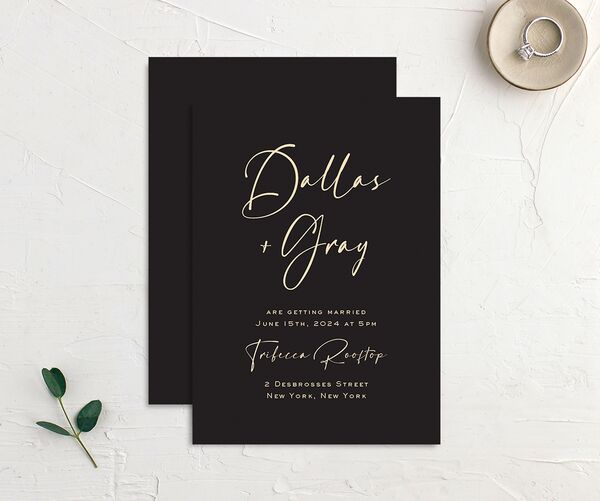 Delicate Flourish Wedding Invitations front-and-back in Midnight