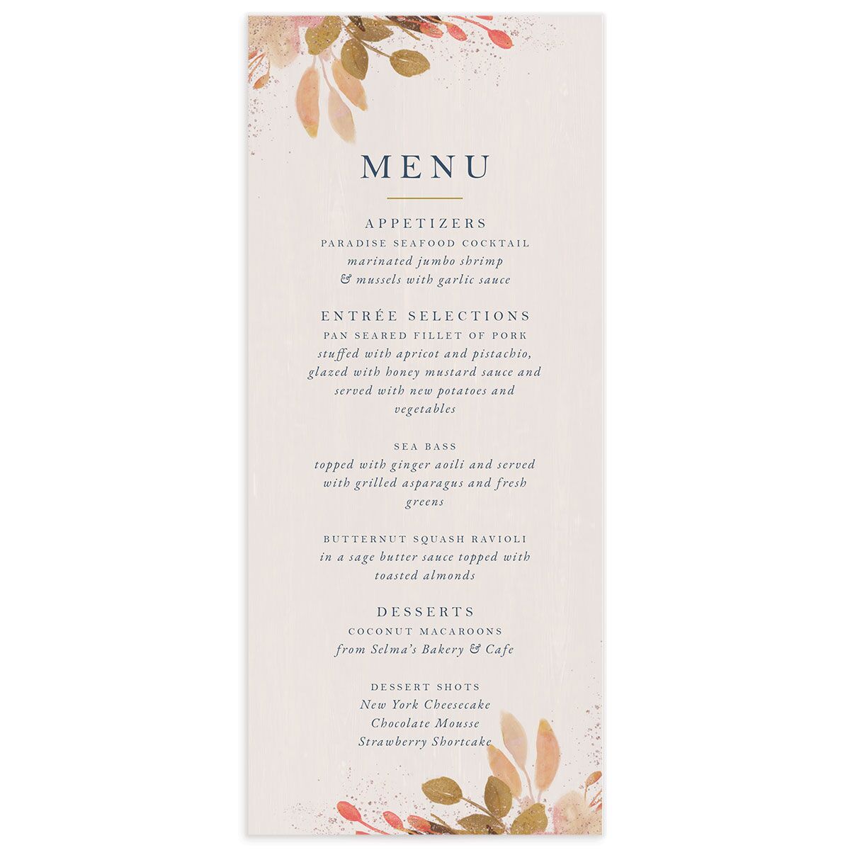 Autumn Botanical Menus front in French Blue