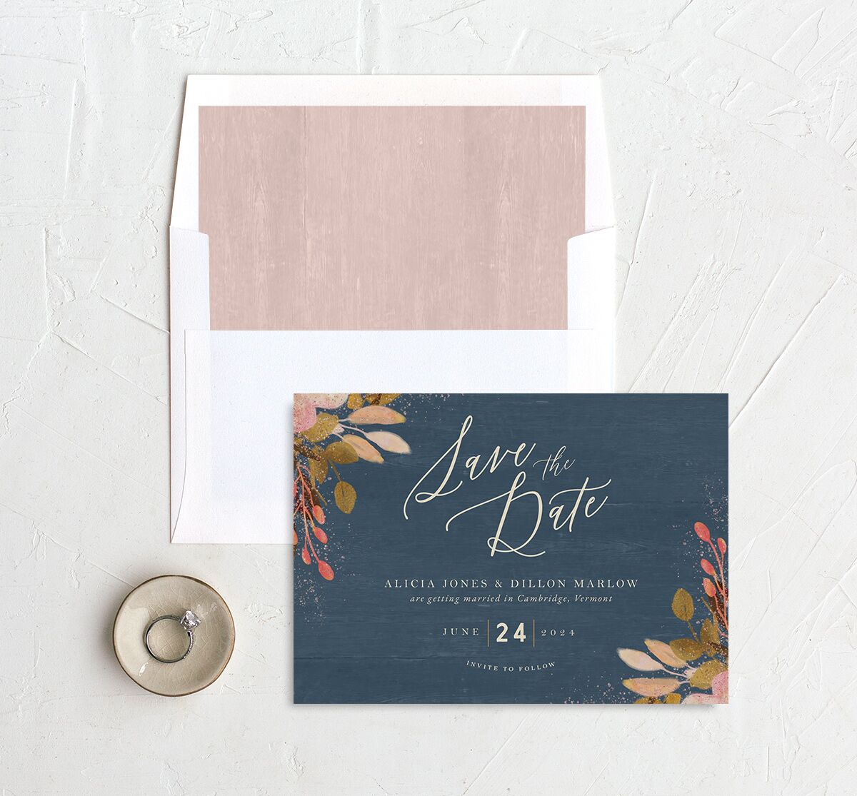 Autumn Botanical Save the Date Cards envelope-and-liner in French Blue