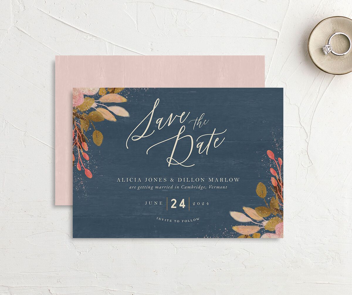 Autumn Botanical Save the Date Cards front-and-back in French Blue