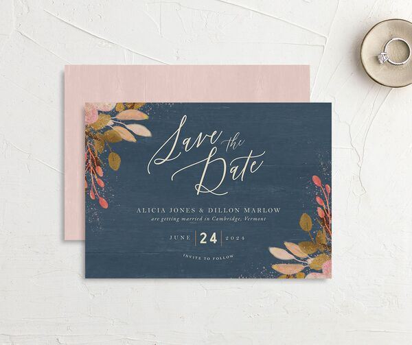 Autumn Botanical Save the Date Cards front-and-back in French Blue