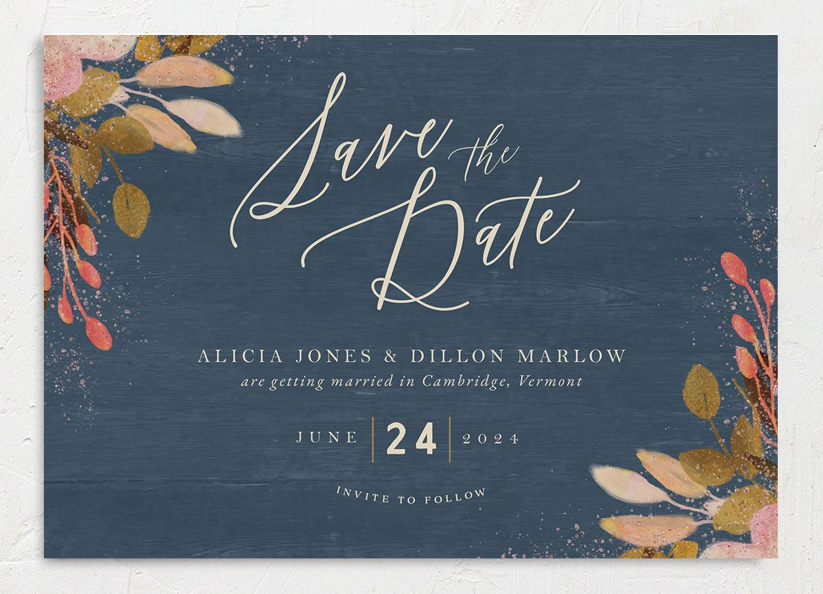 Autumn Botanical Save the Date Cards front in French Blue