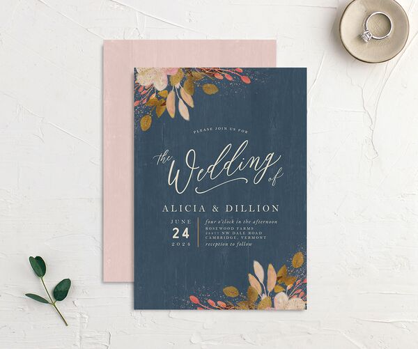 Autumn Botanical Wedding Invitations front-and-back in French Blue