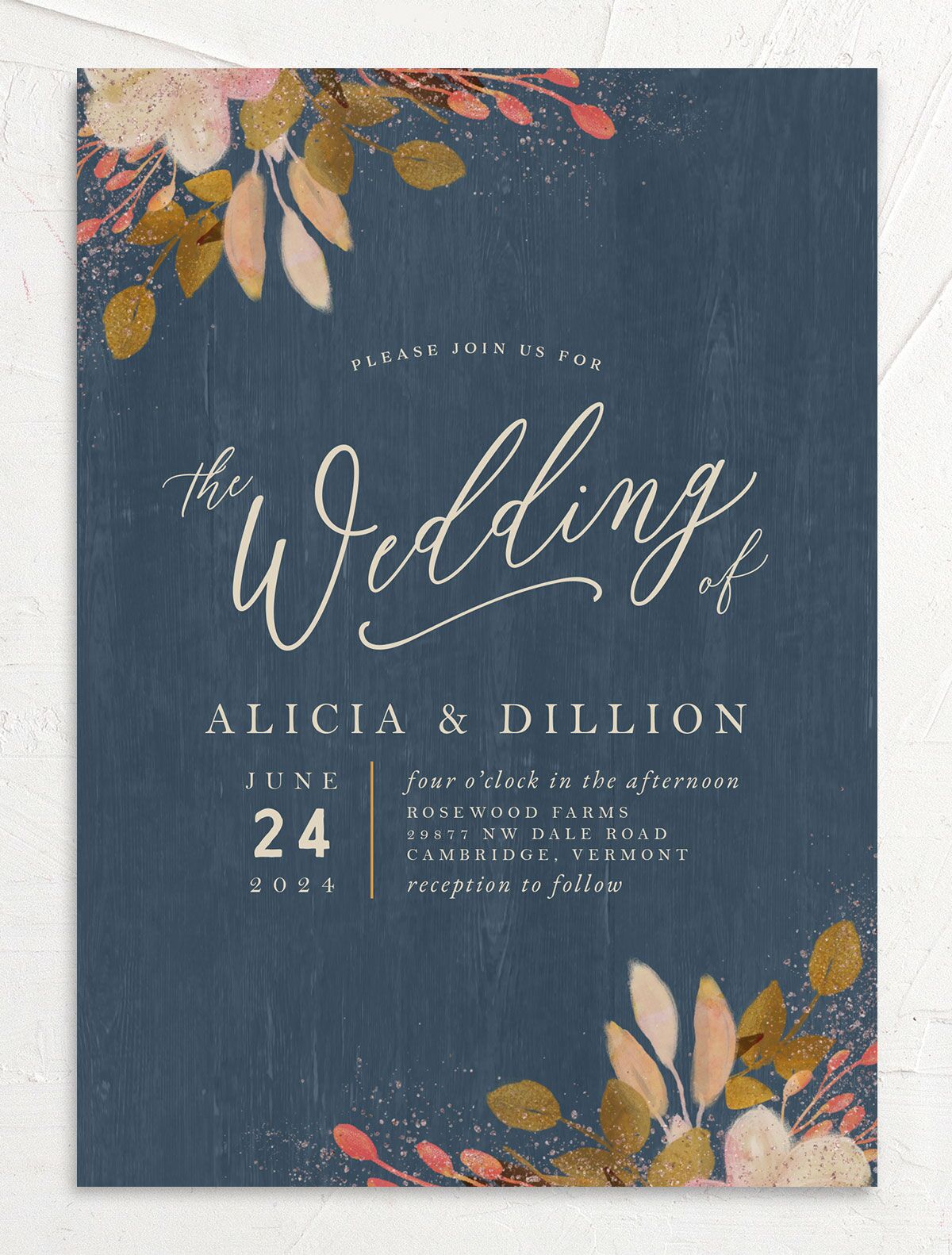 Autumn Botanical Wedding Invitations front in French Blue