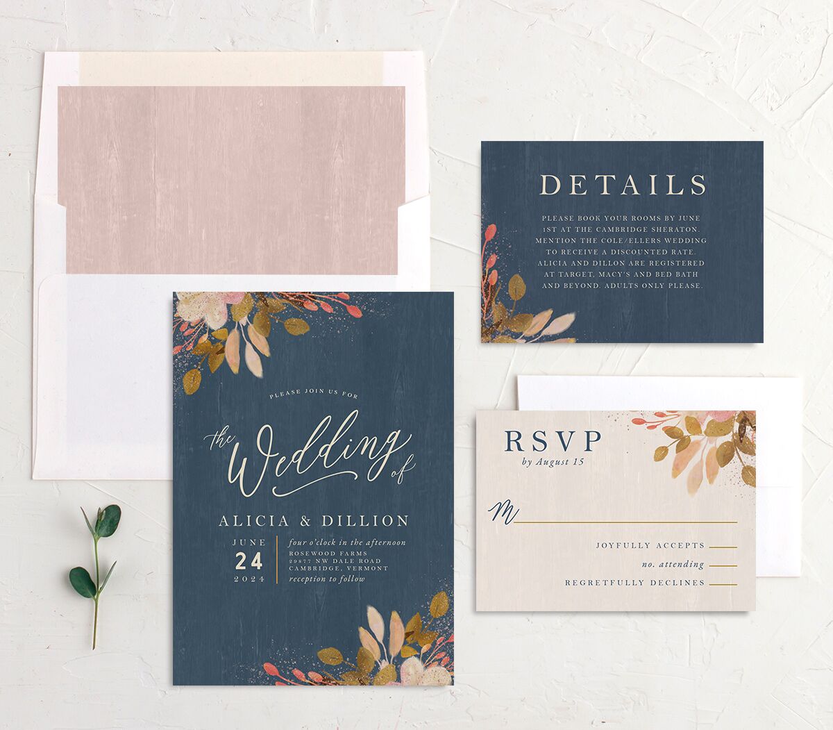 Autumn Botanical Wedding Invitations suite in French Blue