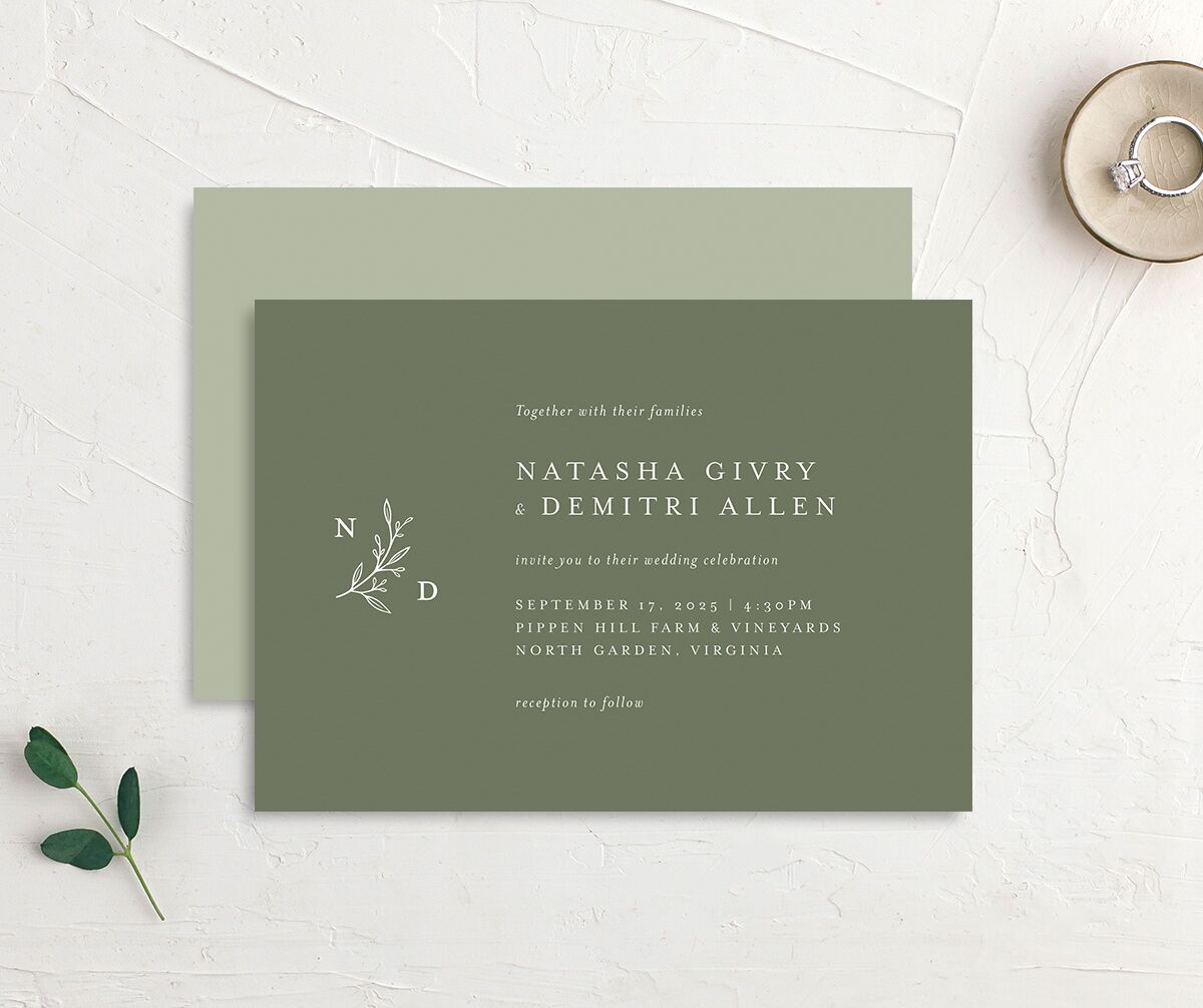 Timeless Flora Wedding Invitations front-and-back in Jewel Green