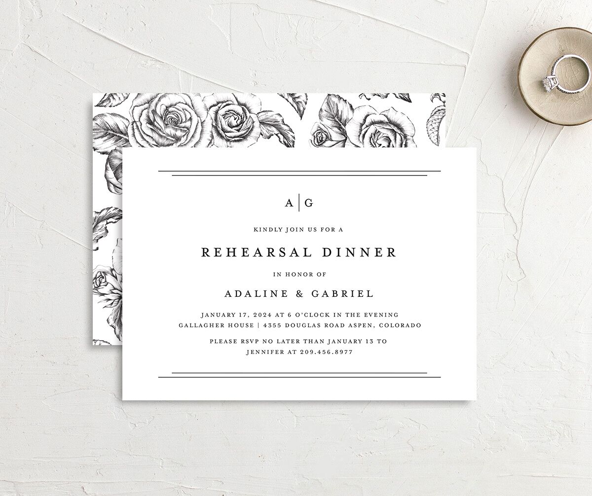 Light Frame Rehearsal Dinner Invitations front-and-back in Pure White