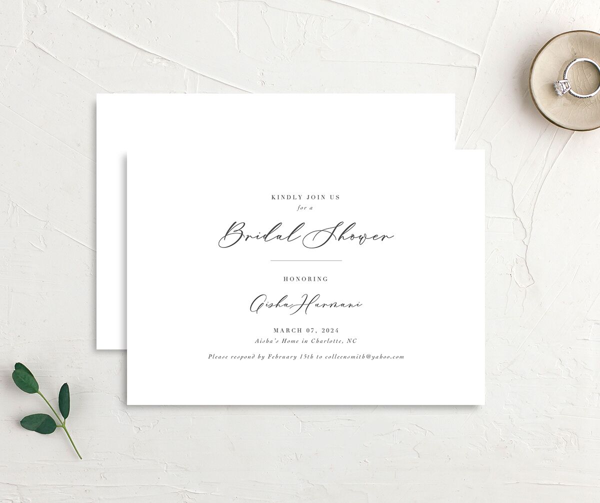 Chic Calligraphy Bridal Shower Invitations front-and-back in Medieval Grey