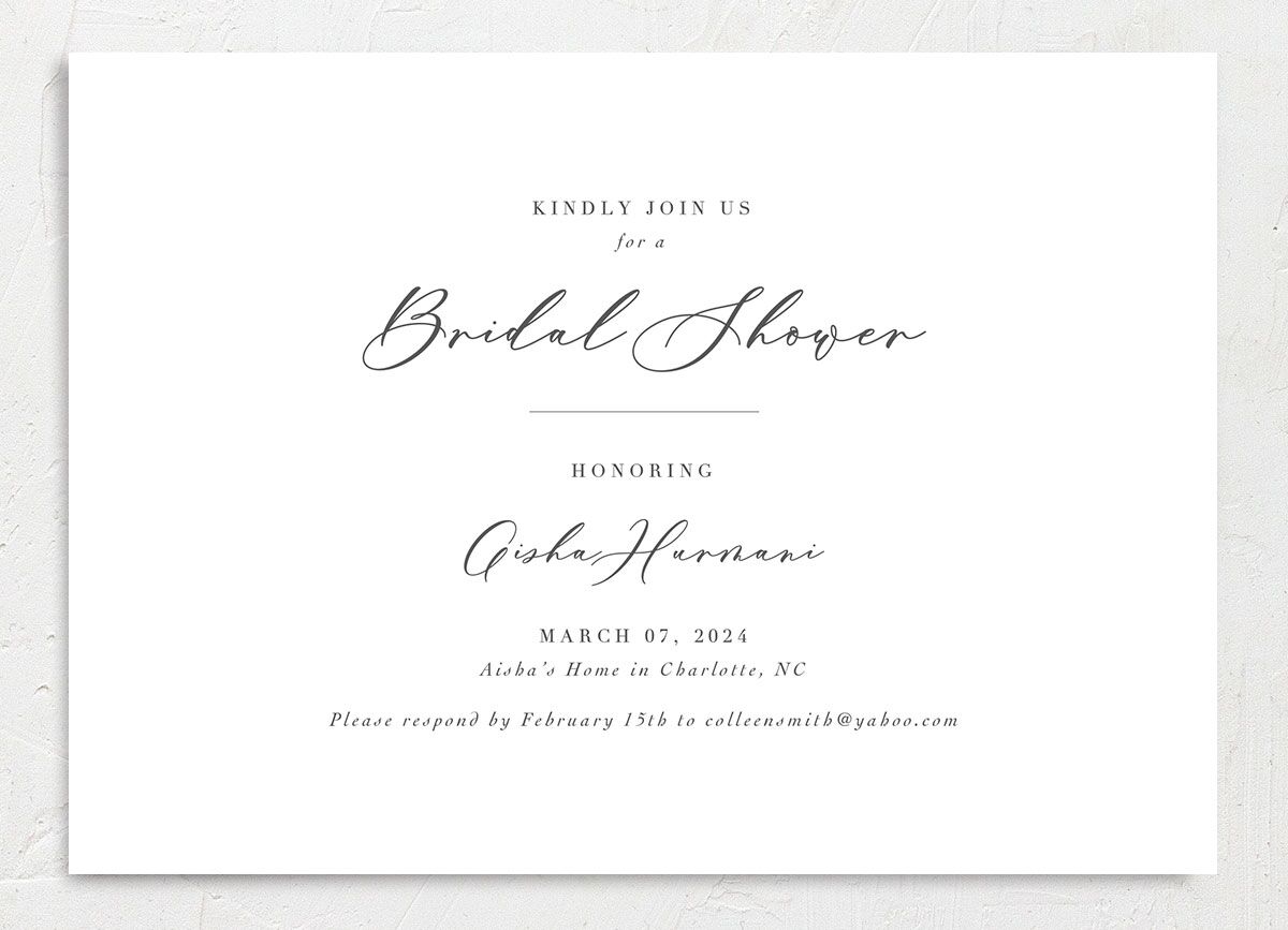 Chic Calligraphy Bridal Shower Invitations front in Medieval Grey