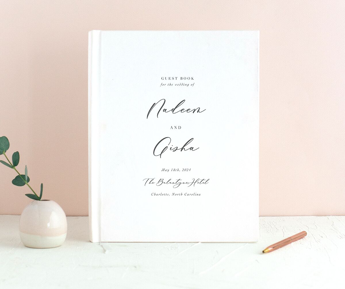 Chic Calligraphy Wedding Guest Book front in Medieval Grey