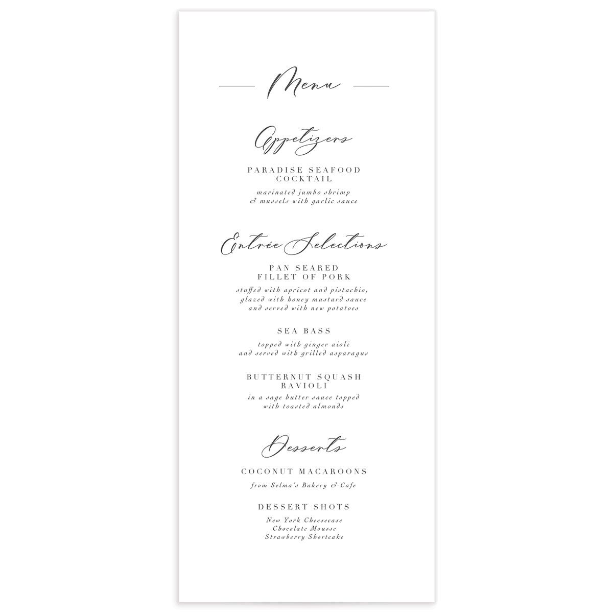 Chic Calligraphy Menus front in Medieval Grey
