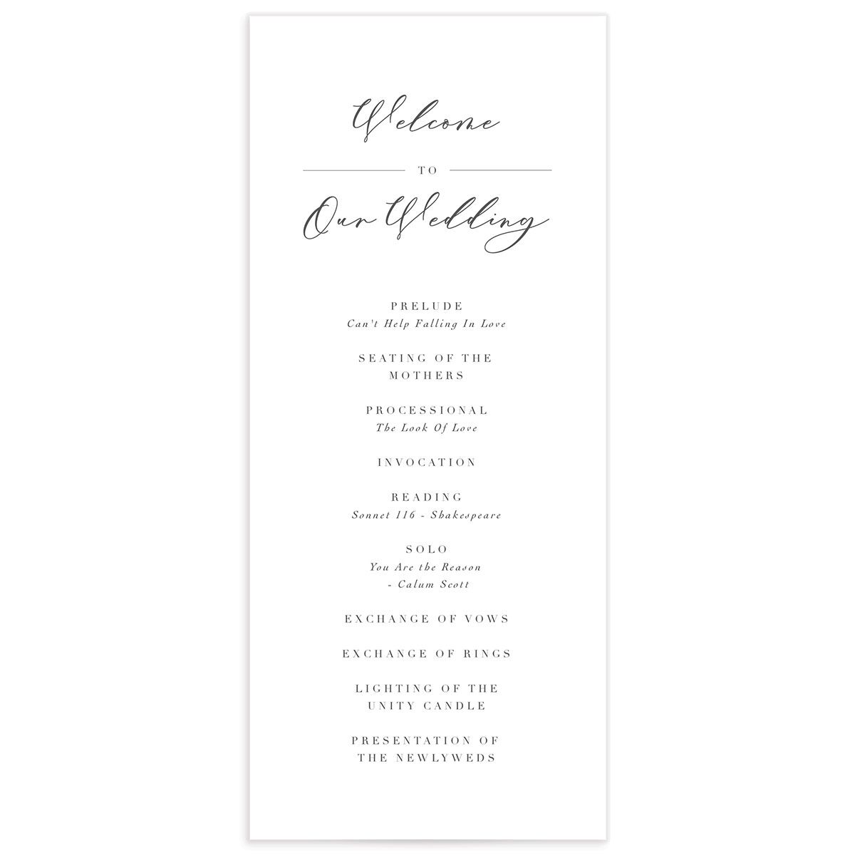 Chic Calligraphy Wedding Programs front in Medieval Grey