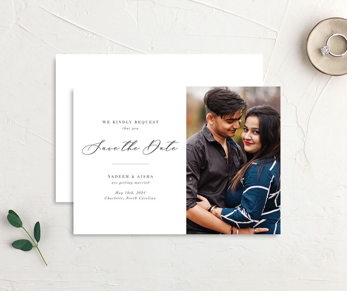 Chic Calligraphy Save the Date Cards front-and-back in Medieval Grey