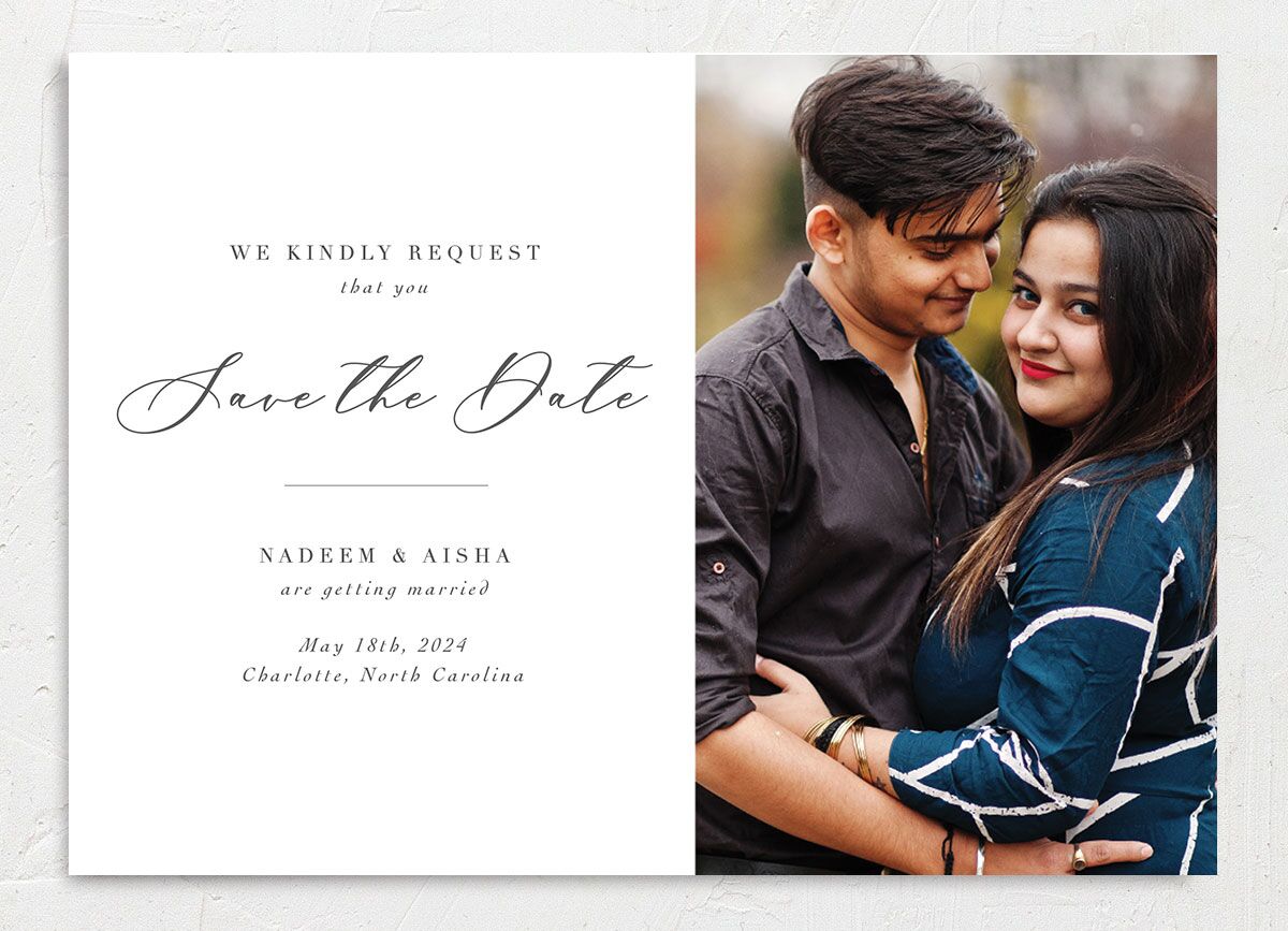 Chic Calligraphy Save the Date Cards front in Medieval Grey