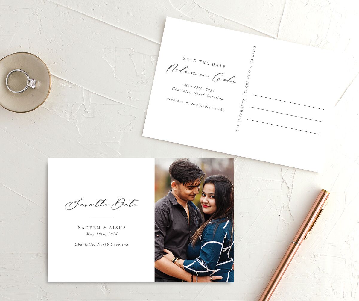 Chic Calligraphy Save the Date Postcards front-and-back in Medieval Grey
