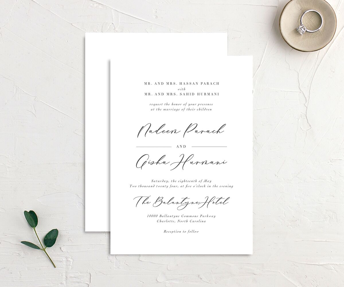 Chic Calligraphy Wedding Invitations front-and-back in Medieval Grey