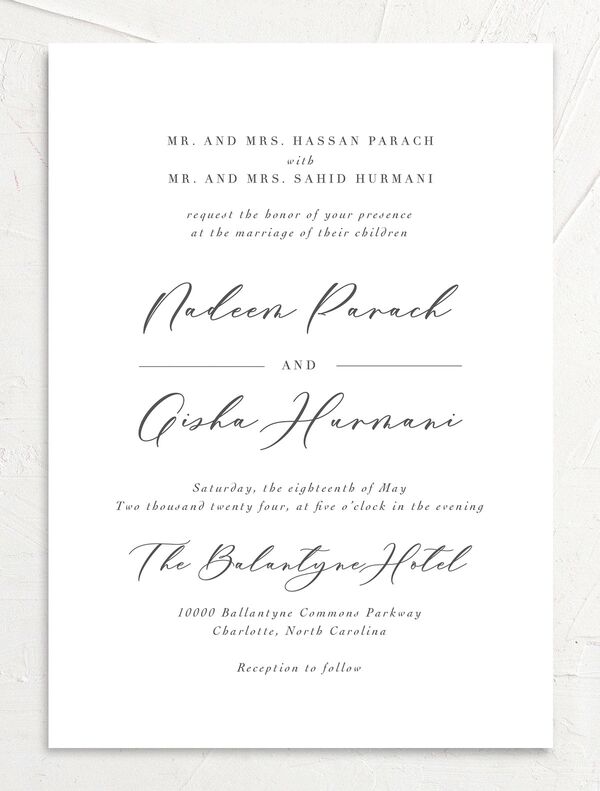 Chic Calligraphy Wedding Invitations front in Medieval Grey