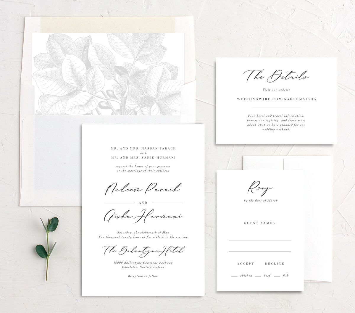 Chic Calligraphy Wedding Invitations suite in Medieval Grey