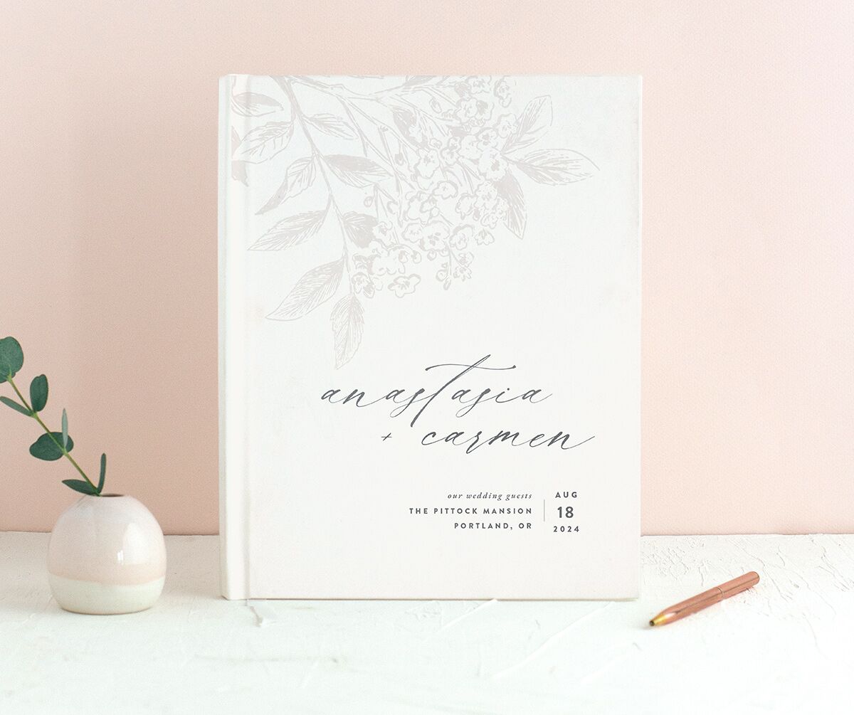 Understated Blossoms Wedding Guest Book front in Champagne
