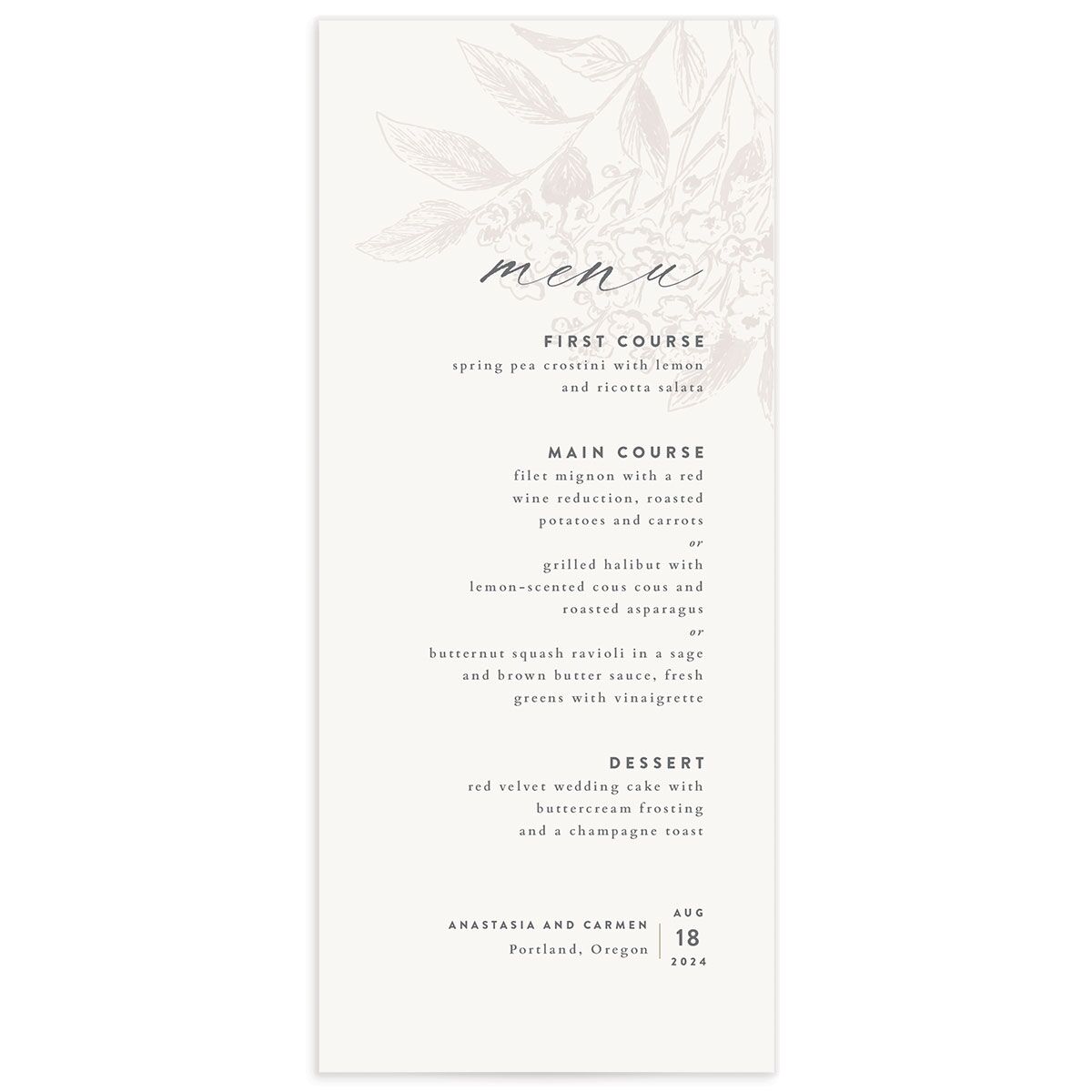 Understated Blossoms Menus front in Champagne