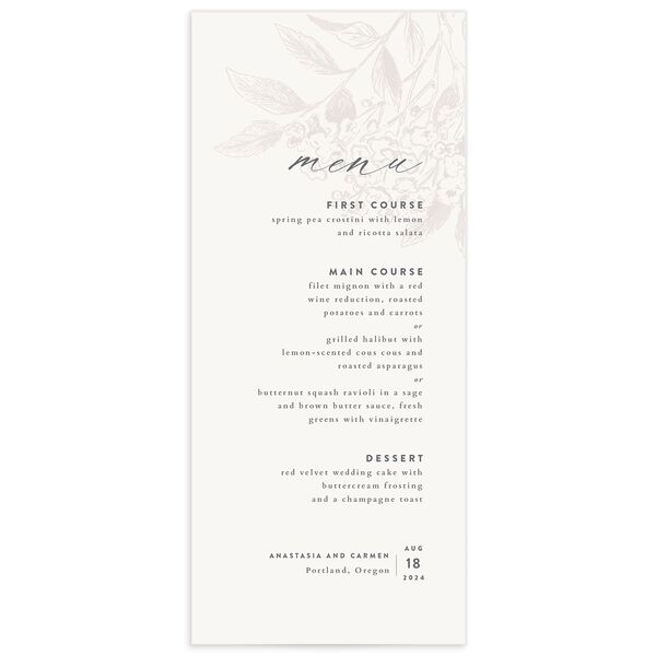 Understated Blossoms Menus front in Champagne