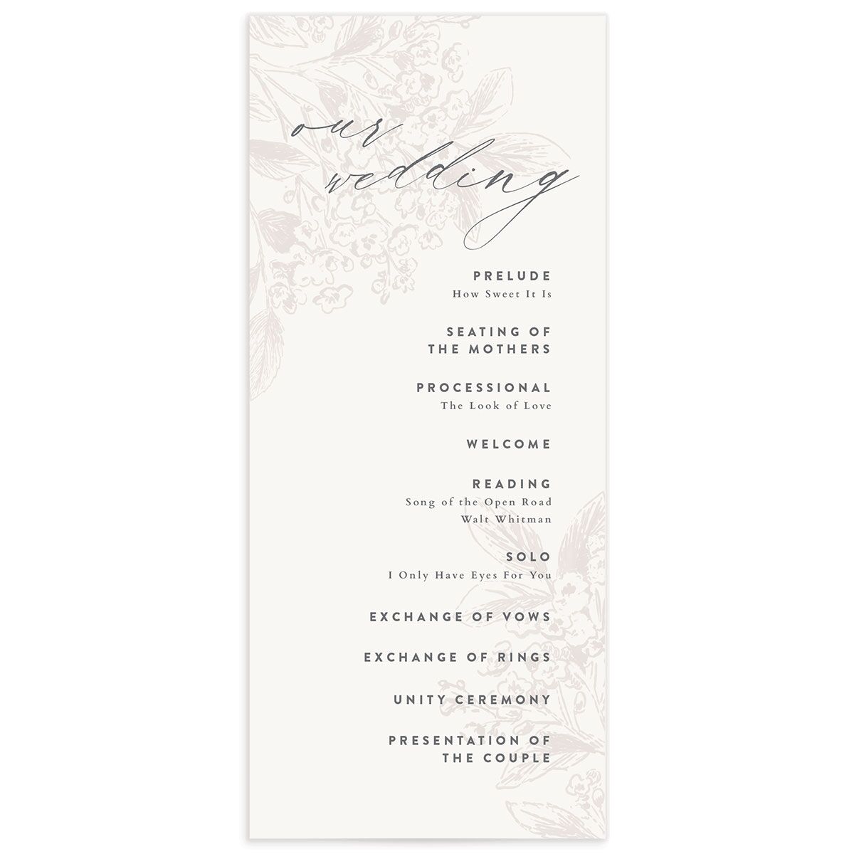 Understated Blossoms Wedding Programs front in Champagne