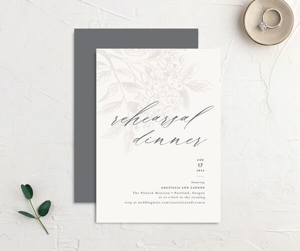 Understated Blossoms Rehearsal Dinner Invitations front-and-back in Champagne