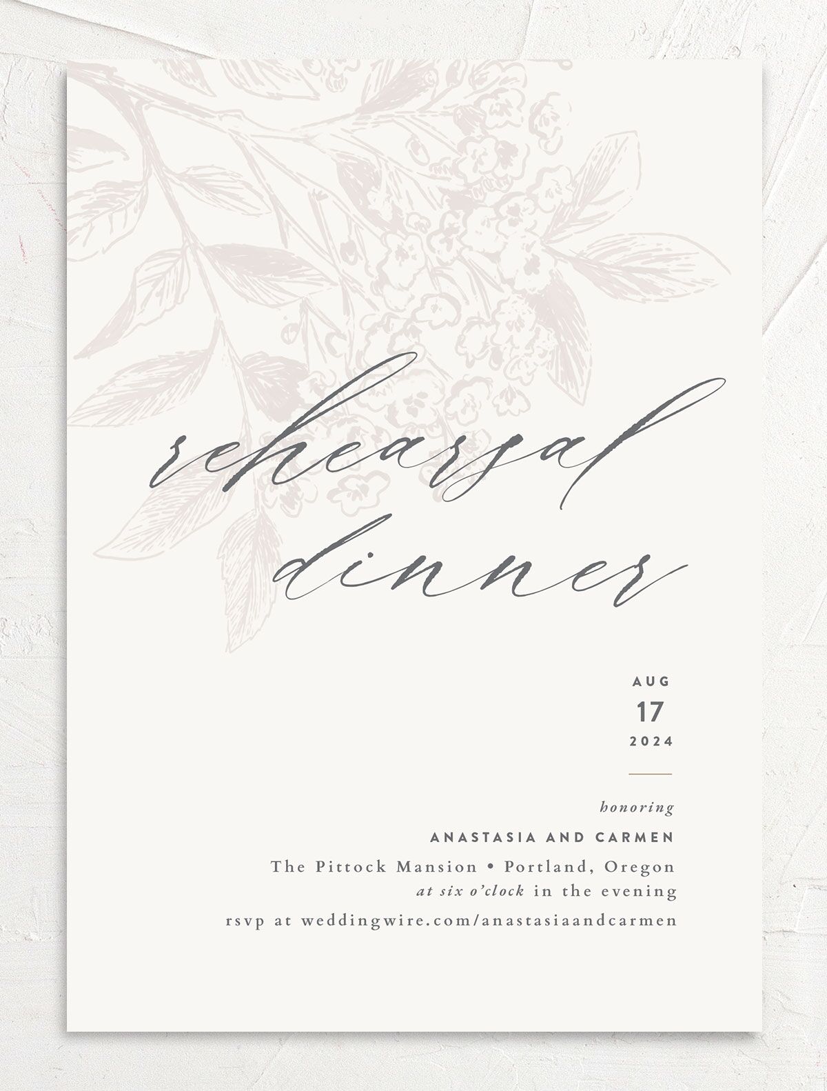 Understated Blossoms Rehearsal Dinner Invitations front in Champagne