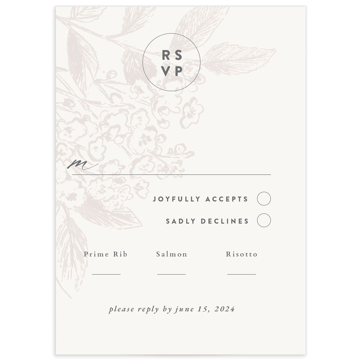 Understated Blossoms Wedding Response Cards front in Champagne