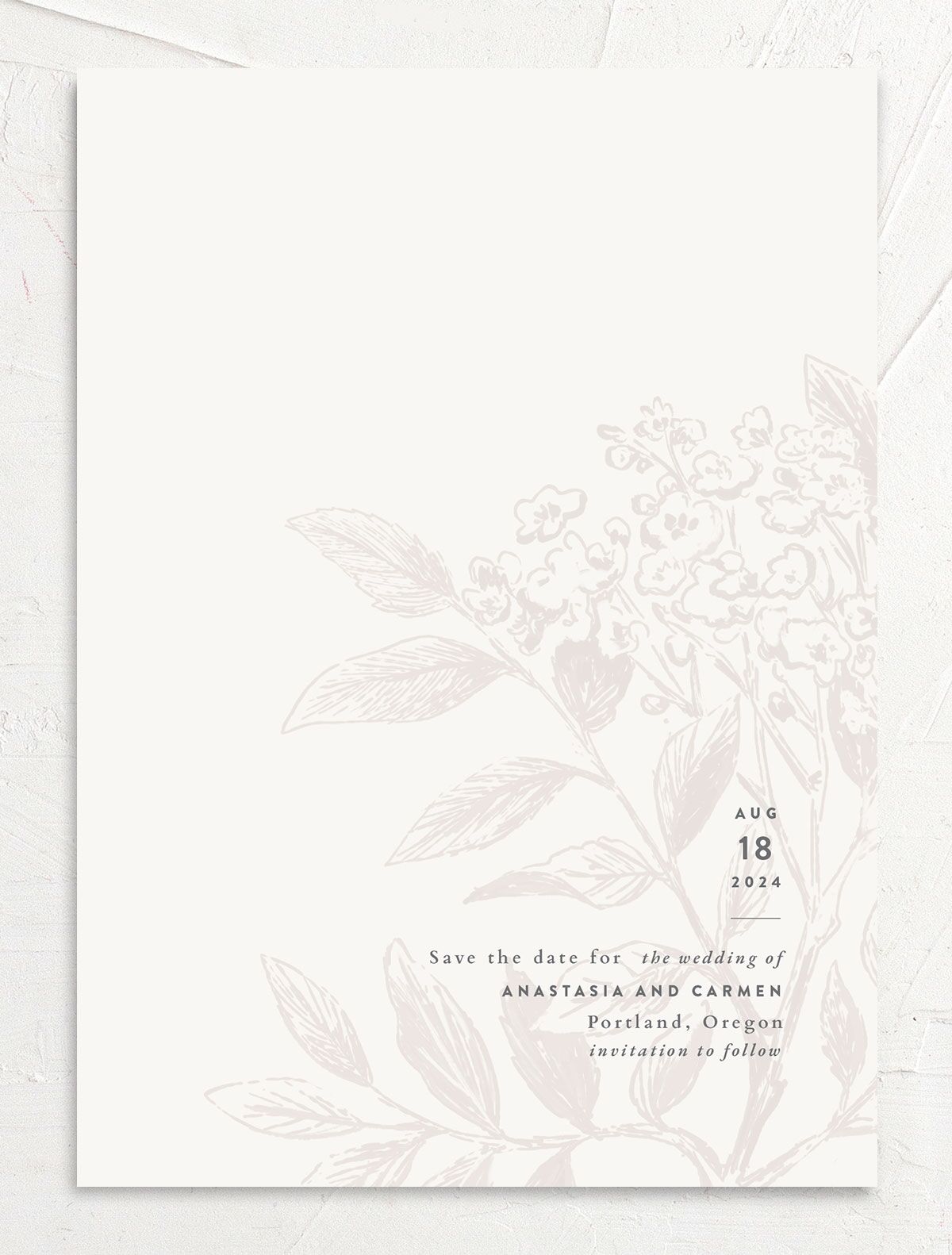 Understated Blossoms Save the Date Cards back in Champagne