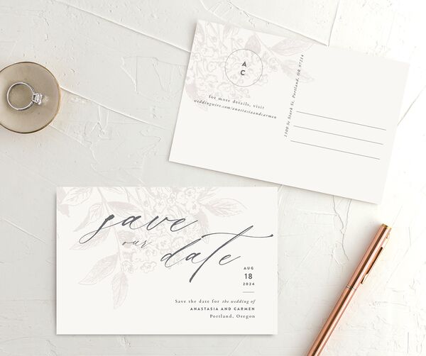 Understated Blossoms Save the Date Postcards front-and-back in Champagne