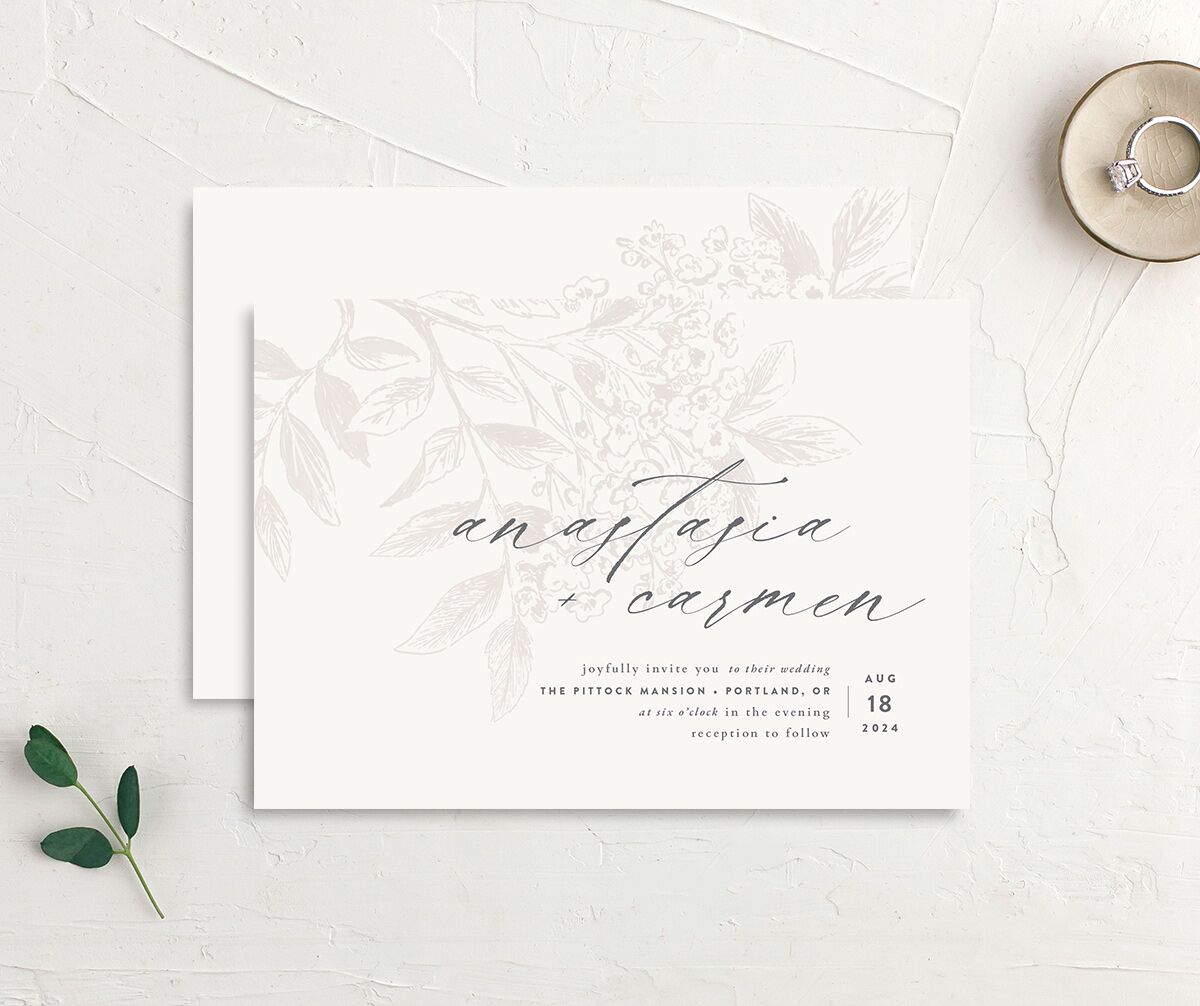 Understated Blossoms Wedding Invitations front-and-back in Champagne