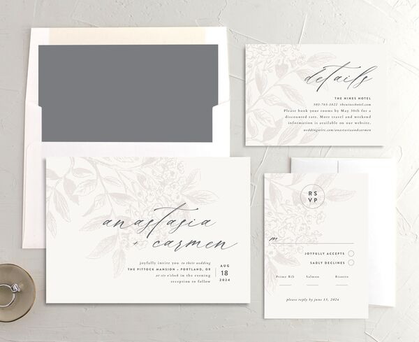 Understated Blossoms Wedding Invitations suite in Champagne