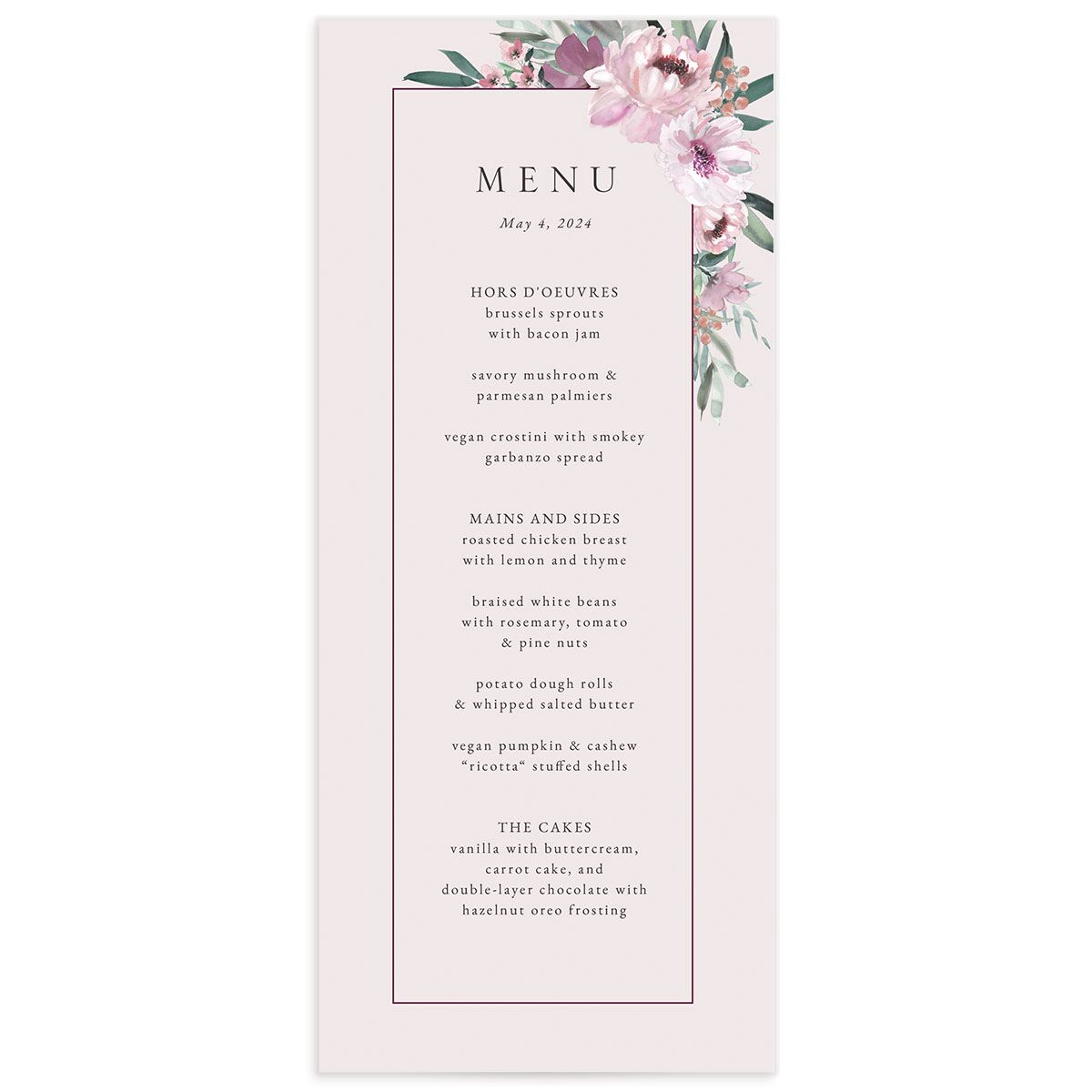 Decadent Blossom Menus front in Lilac