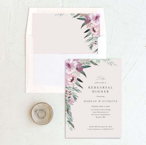 Decadent Blossom Rehearsal Dinner Invitations envelope-and-liner in Lilac