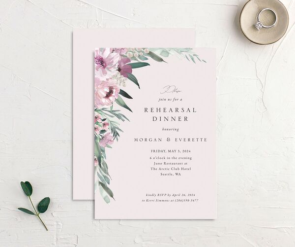 Decadent Blossom Rehearsal Dinner Invitations front-and-back in Lilac