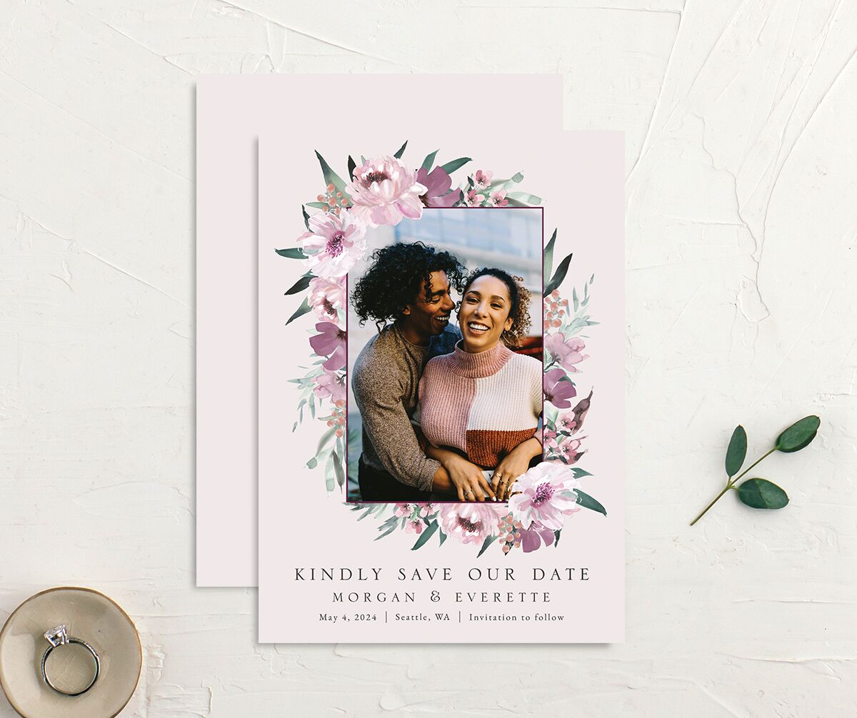 Decadent Blossom Save the Date Cards front-and-back in Lilac
