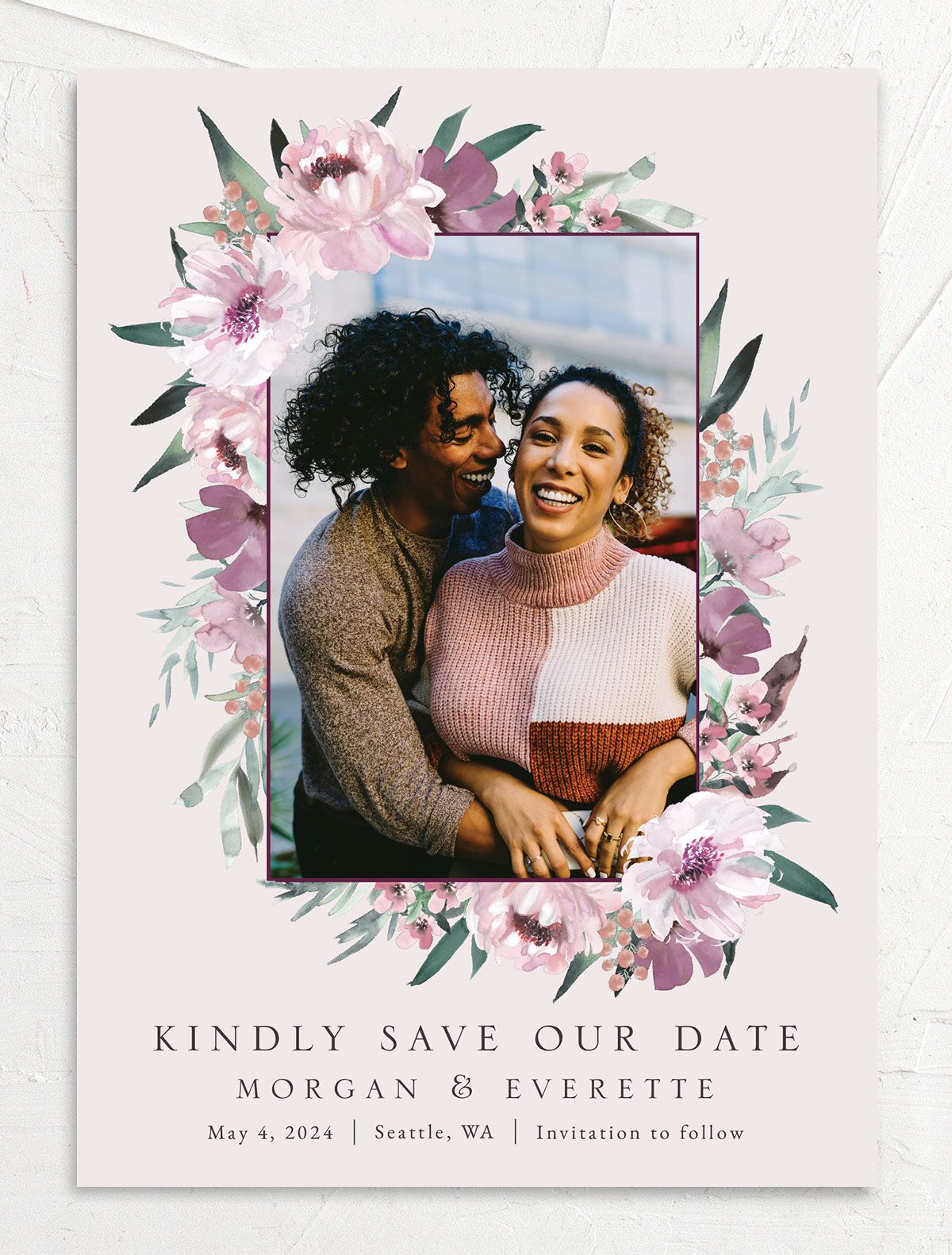 Decadent Blossom Save the Date Cards front in Lilac