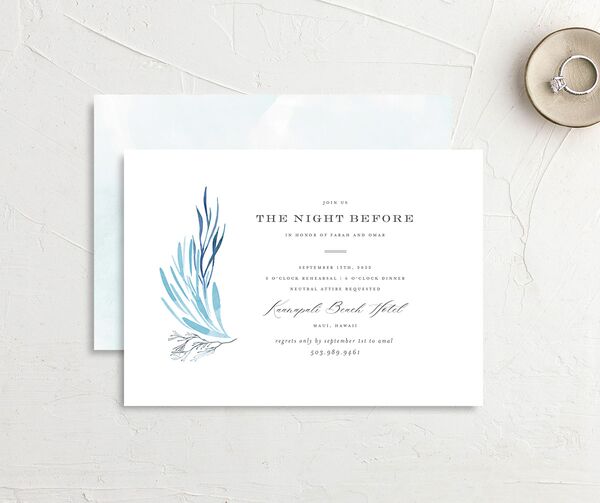 Classic Coastal Rehearsal Dinner Invitations front-and-back in French Blue