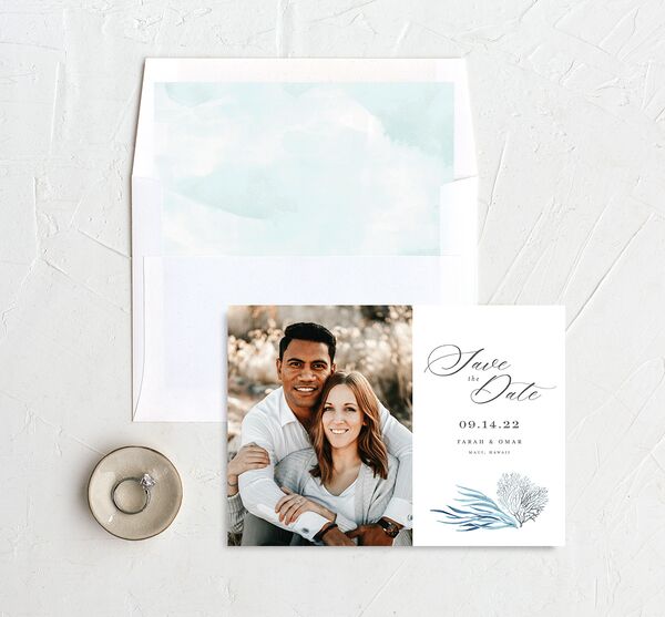 Classic Coastal Save the Date Cards envelope-and-liner in French Blue