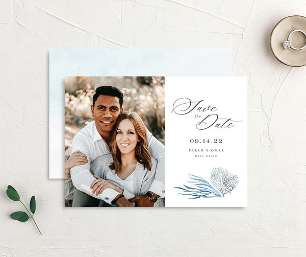 Classic Coastal Save the Date Cards front-and-back in French Blue