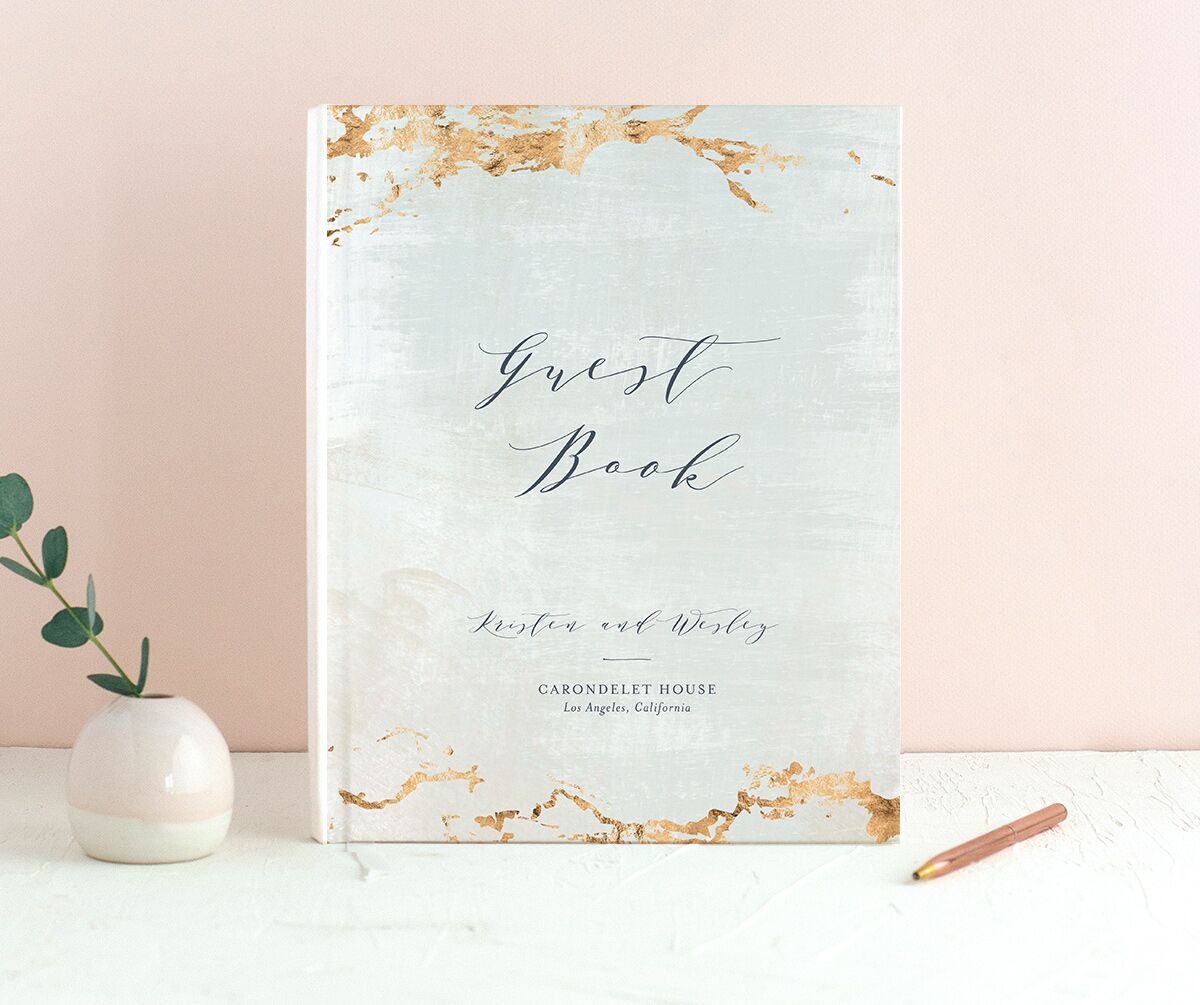 Golden Accents Wedding Guest Book front in French Blue