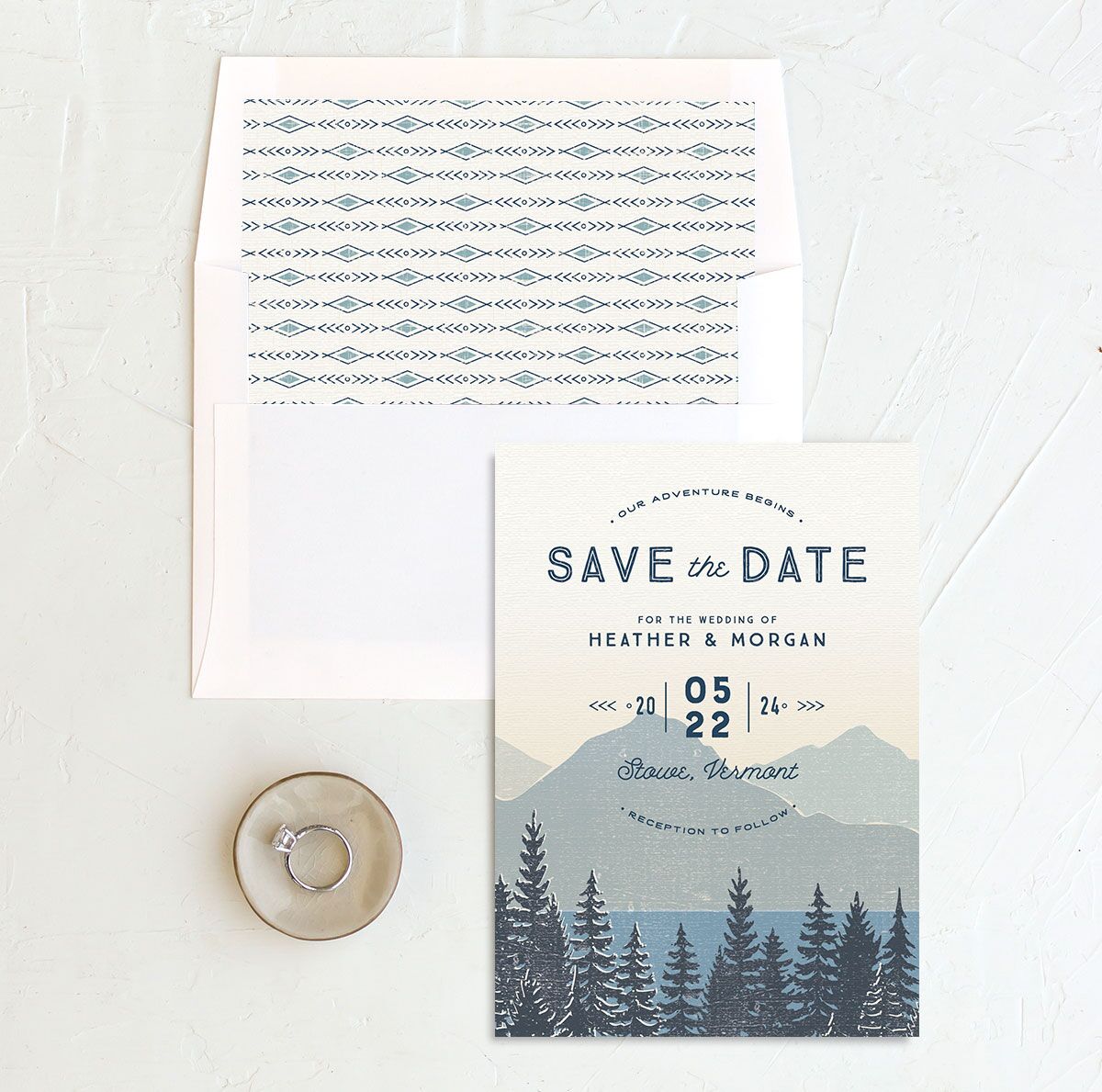 Rustic Mountainside Save the Date Cards envelope-and-liner in French Blue