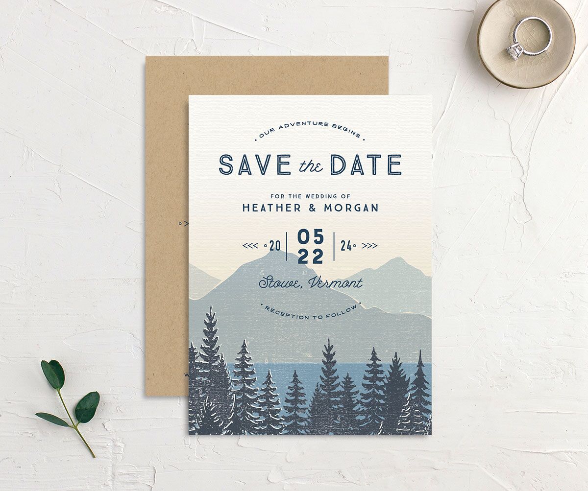 Rustic Mountainside Save the Date Cards front-and-back in French Blue